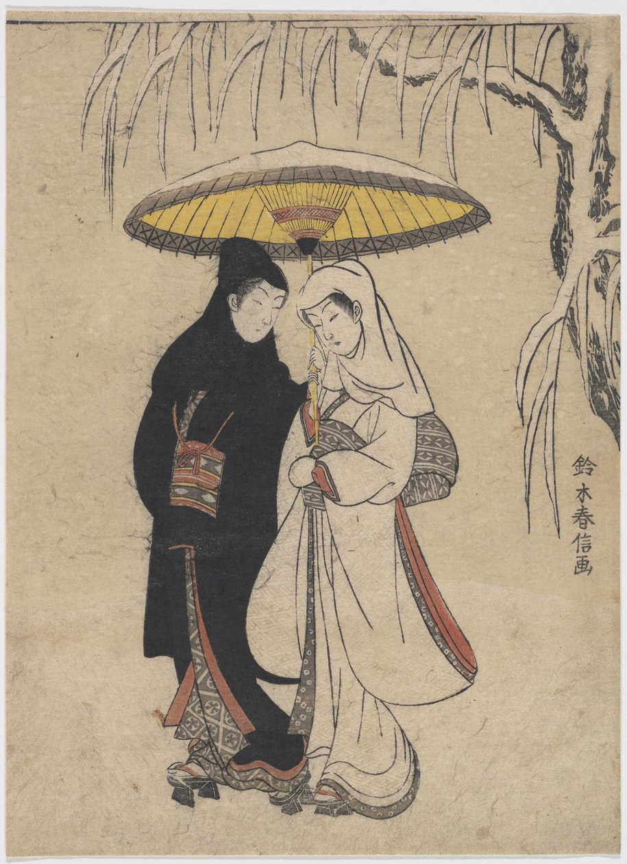 Orientální umění: Mladí milenci spolu chodí pod deštníkem ve sněhové bouři par Harunobu, Suzuki (1724-1770), cca 1769. Barevný dřevoryt, 25,7x19,1. Soukromá sbírka od Suzuki Harunobu