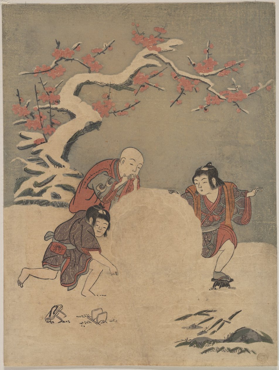 Tři chlapci stavějí sněhuláka od Suzuki Harunobu