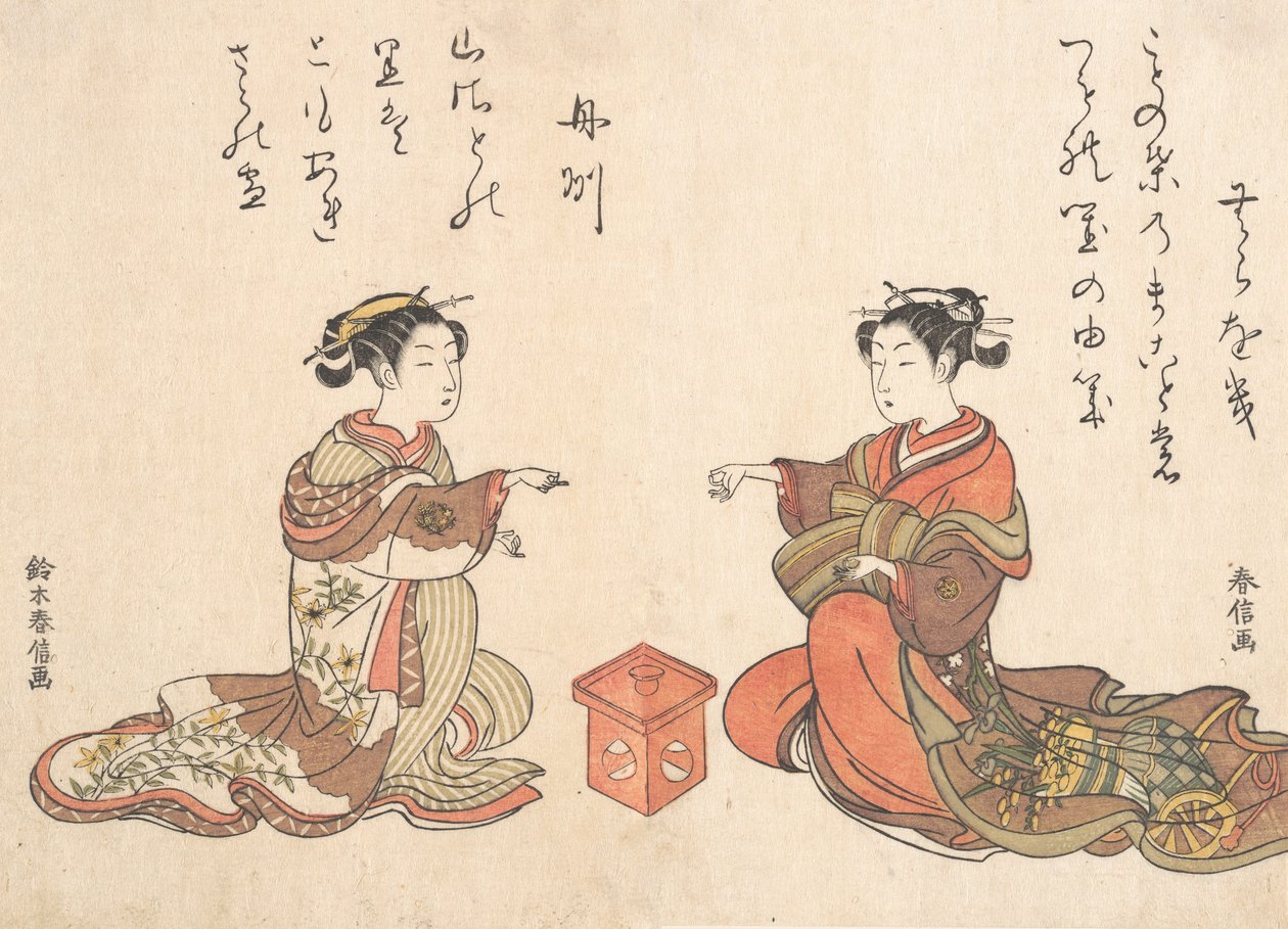 Dvě dívky hrají Finger Game of Kitsume Ken, 1725-1770., 1725-1770. od Suzuki Harunobu