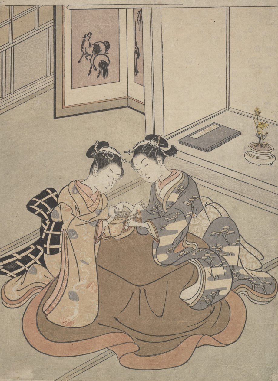 Dvě mladé ženy sedící u kotatsu hrající kočičí kolébku, ca. 1765, ca. 1765. od Suzuki Harunobu