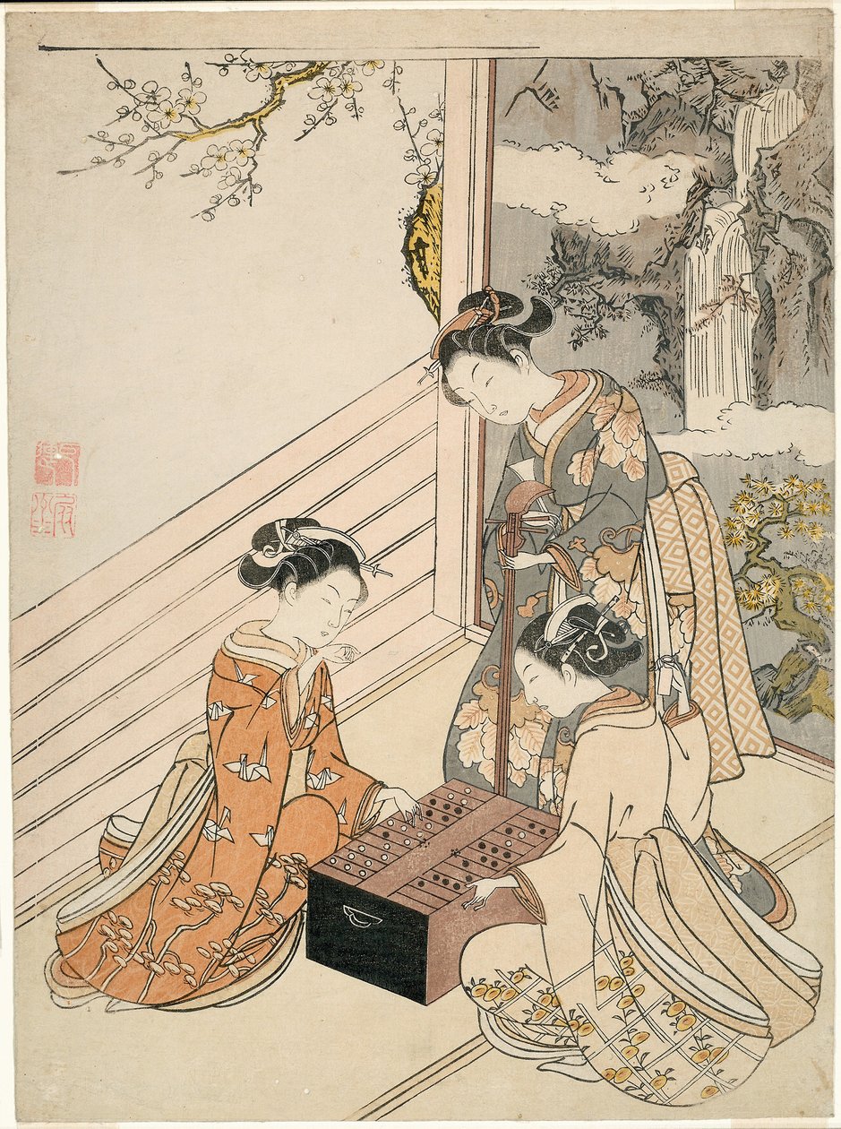 Sledování hry, asi 1766 (barevný dřevoryt; chuban, surimono) od Suzuki Harunobu