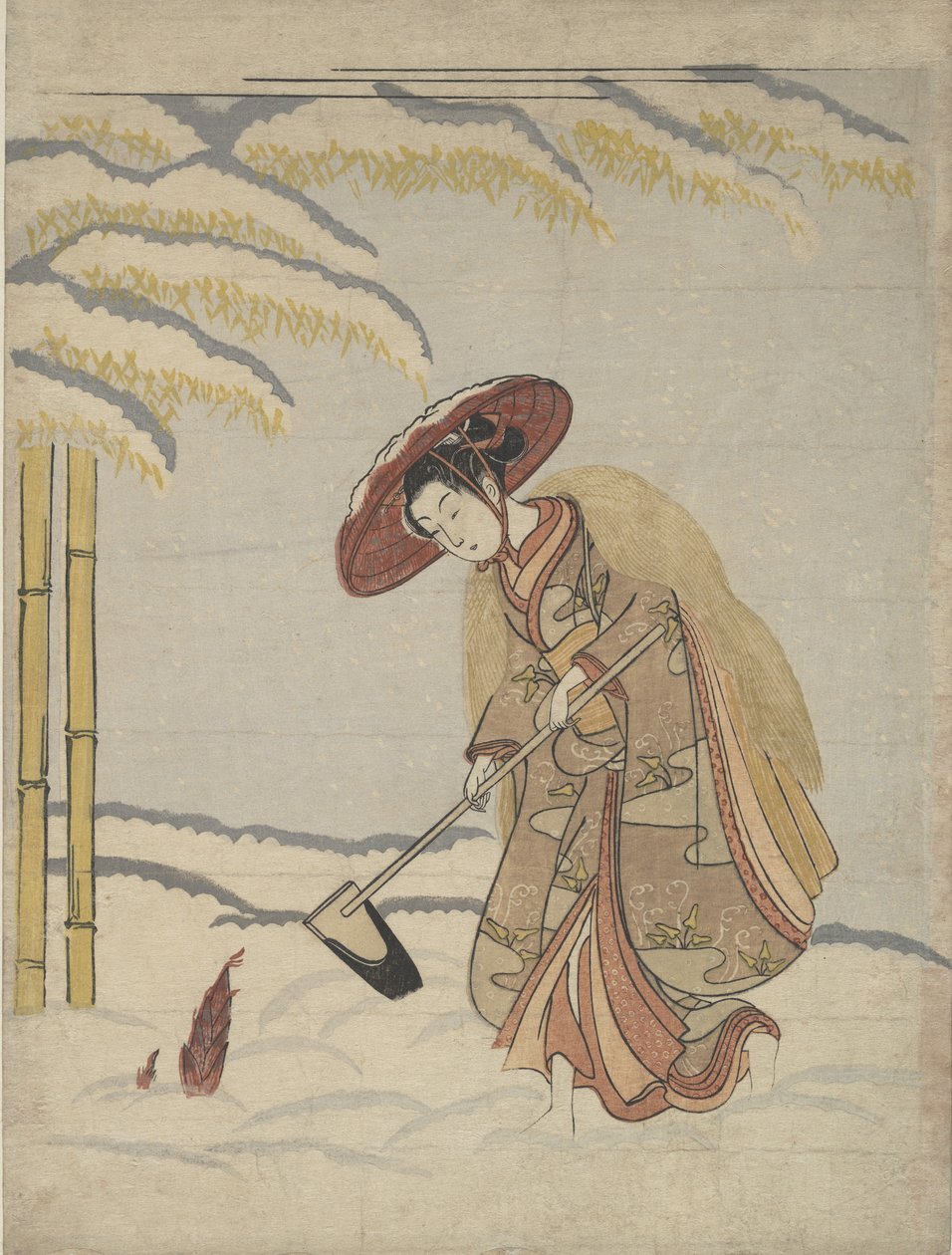 Žena kopající bambusové výhonky ve sněhu aneb Parodie na Meng Zong Moso, z 20. let..., ca. 1765. od Suzuki Harunobu