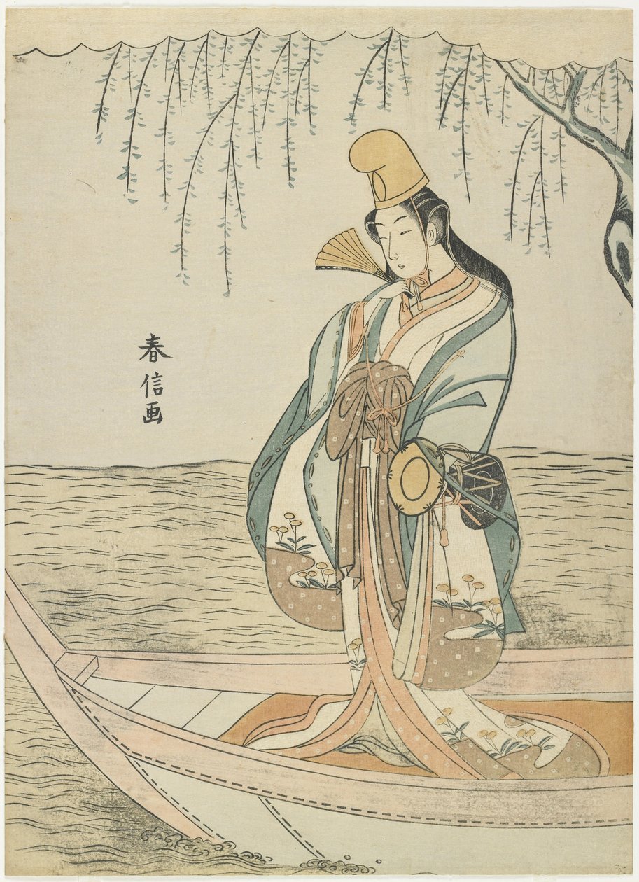 Žena ve člunu Asazuma v masce Shirabyo_shi, c. 1767 od Suzuki Harunobu