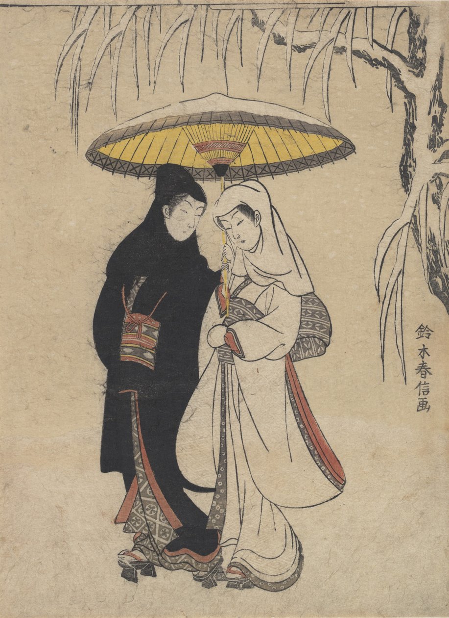 Mladí milenci, kteří spolu chodí pod deštníkem ve sněhové bouři Vrána a volavka, ca. ..., ca. 1769. od Suzuki Harunobu
