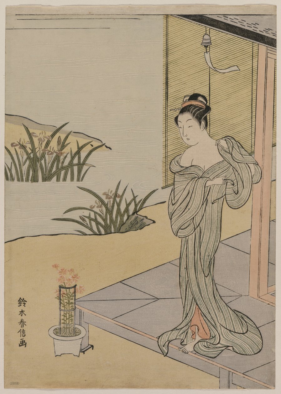 Mladá žena při pohledu na hrnec růžových, c. 1767. od Suzuki Harunobu