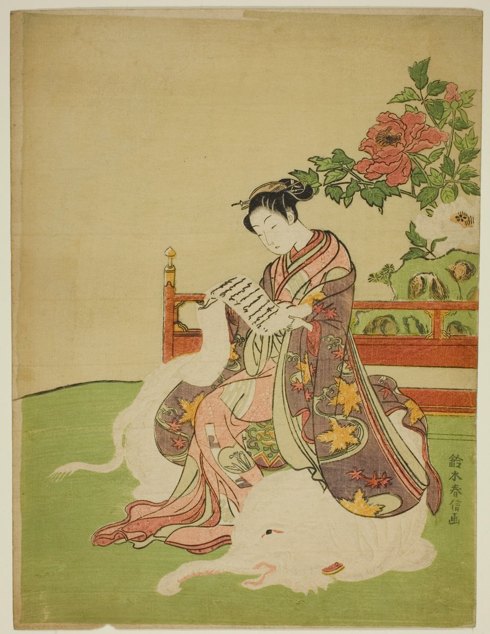 Mladá žena sedící na bílém slonovi (parodie na Bódhisattvy Fugena) od Suzuki Harunobu