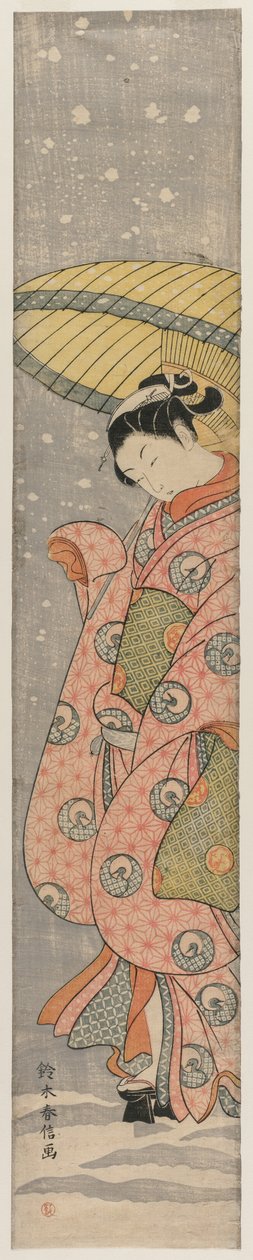 Mladá žena stojící pod deštníkem ve sněhu, 1767-1768. od Suzuki Harunobu