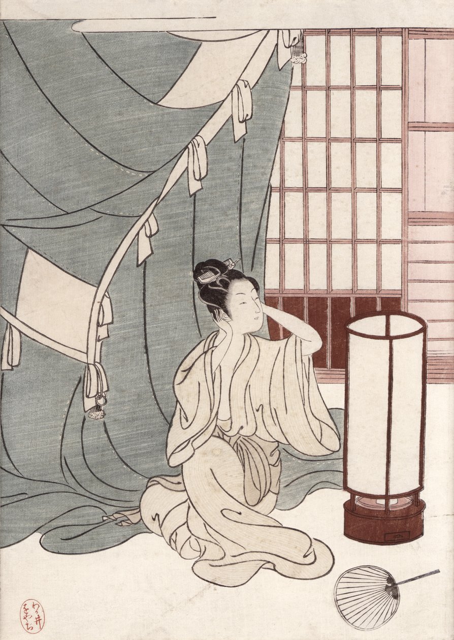Mladá žena klečící u sítě proti komárům, 1766 (barevný dřevotisk) od Suzuki Harunobu