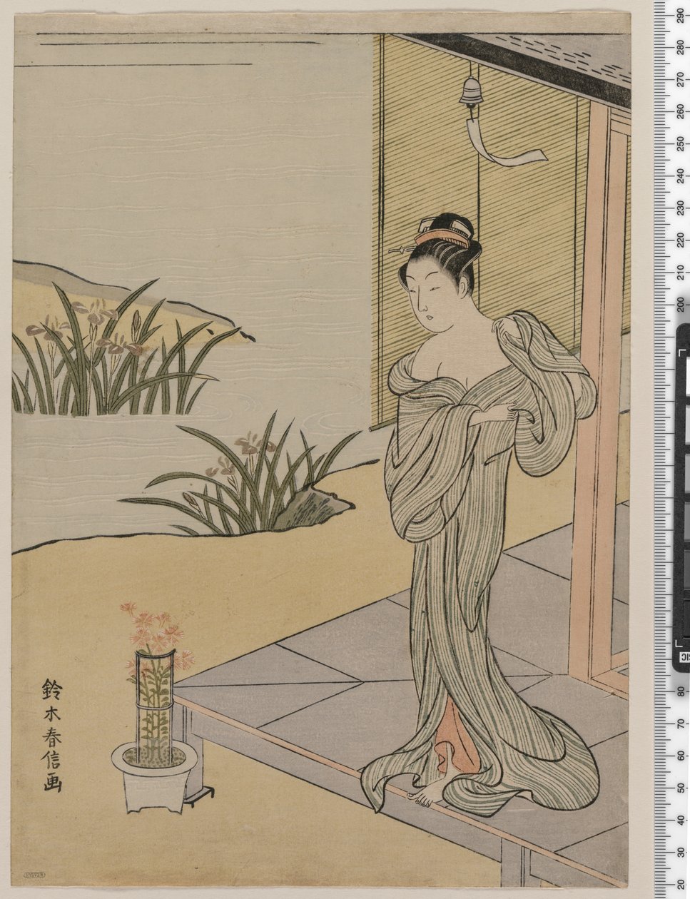 Mladá žena při pohledu na hrnec růžových, c.1767 od Suzuki Harunobu
