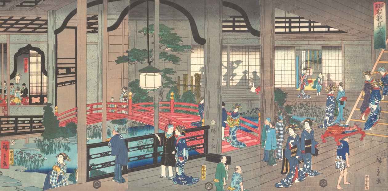 Interiér čajovny Gankiro v Jokohamě, duben 1861. od Suzuki Hiroshige