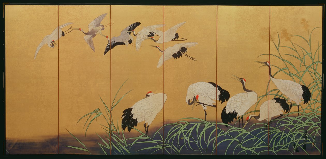 Šestinásobné plátno zobrazující rákosí a jeřáby, období Edo, Japonsko, 19. století (barva na zlaceném hedvábí) od Suzuki Kiitsu