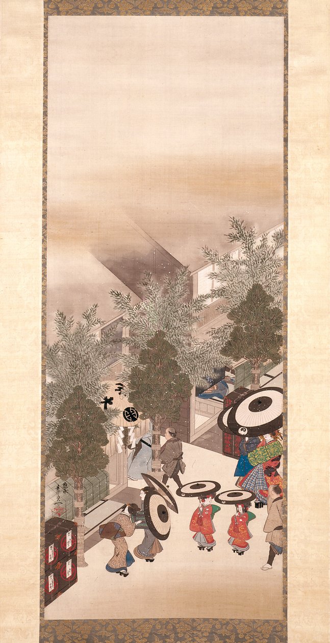 Yoshiwara a Shinagawa (inkoust, barva a zlato na hedvábí) od Suzuki Kiitsu