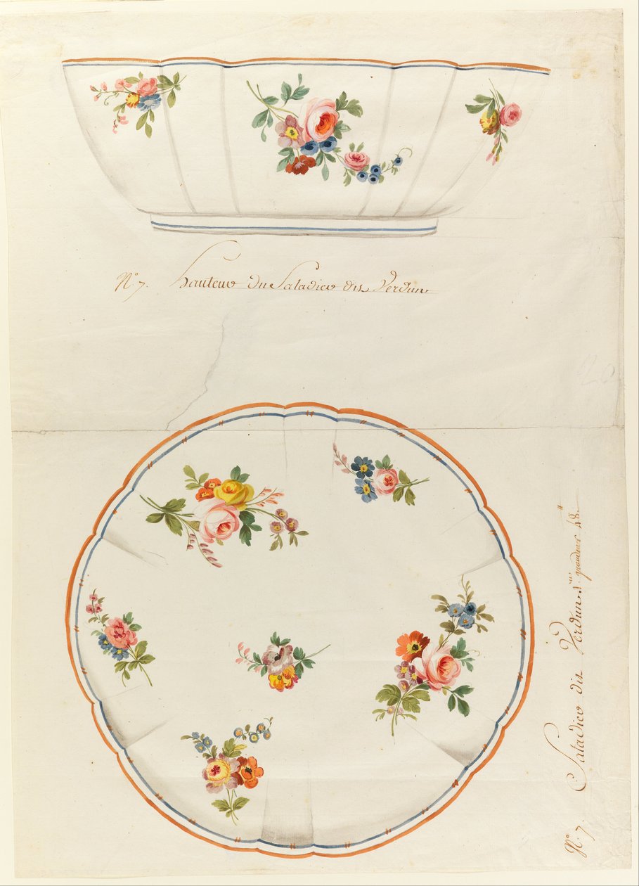 Design pro malovanou porcelánovou vroubkovanou salátovou mísu, pro porcelánovou manufakturu Sèvres od Sèvres Porcelain Manufactory