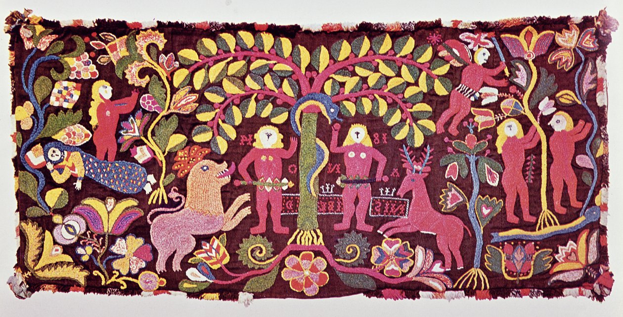 Povlak na polštář znázorňující Pád člověka, Stvoření Evy a Vyhnání ráje, z Akarpu, Skane, Švédsko, kolem roku 1814 (textil) od Swedish School