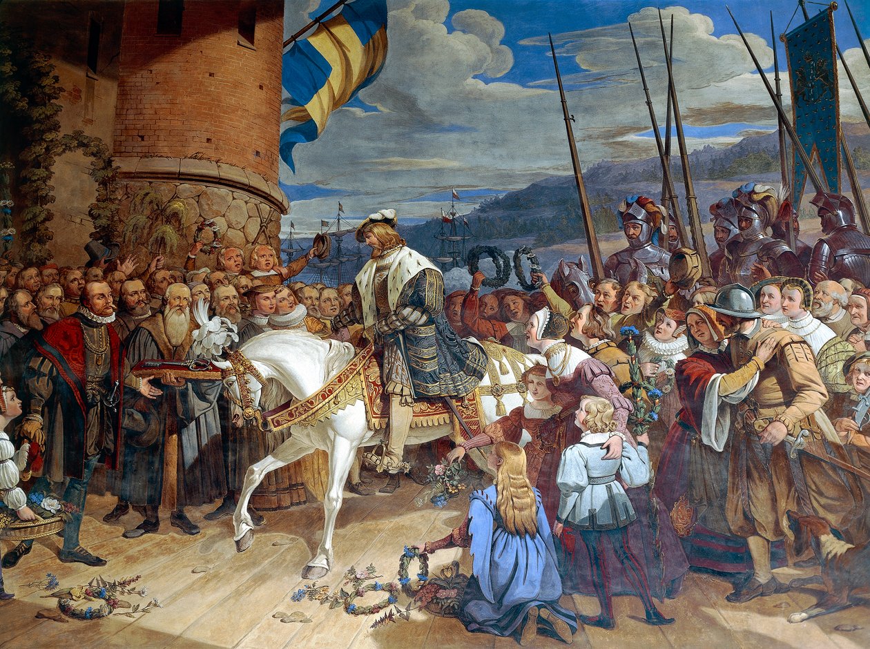 Gustav I Eriksson Vasa, švédský král, triumfálně přivítán v Uppsale od Swedish School