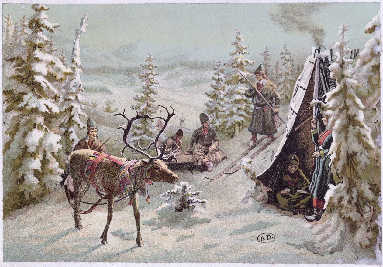 Severní Švédsko: podzimní migrace v Laponsku kolem Lulea, konec 19. století (barevné lito) od Swedish School
