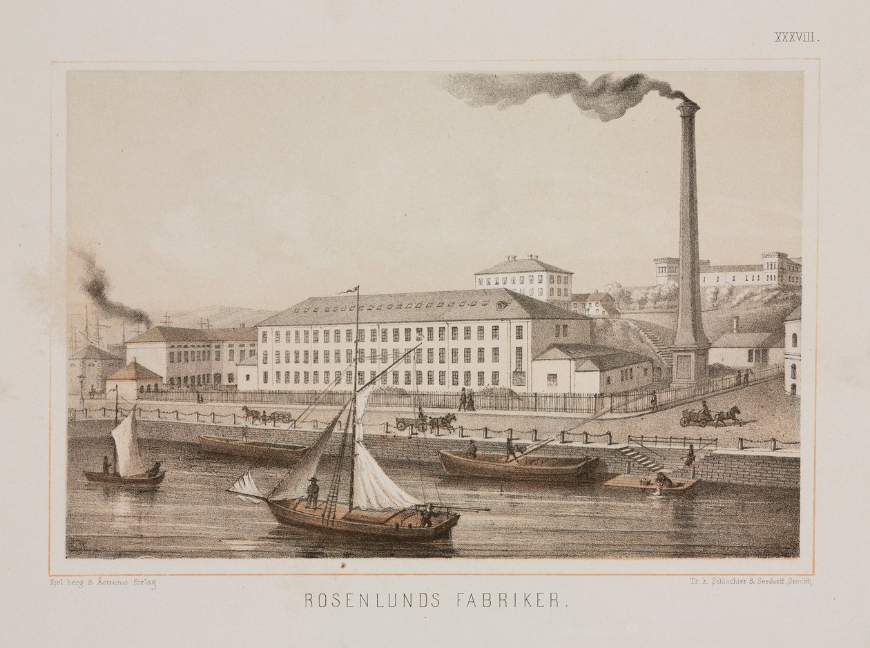 „Rosenlunds Fabriker“ (Rosenlunds Factory), Rosenlunds, Stockholm, Švédsko, kolem roku 1840 (barevné lito) od Swedish School