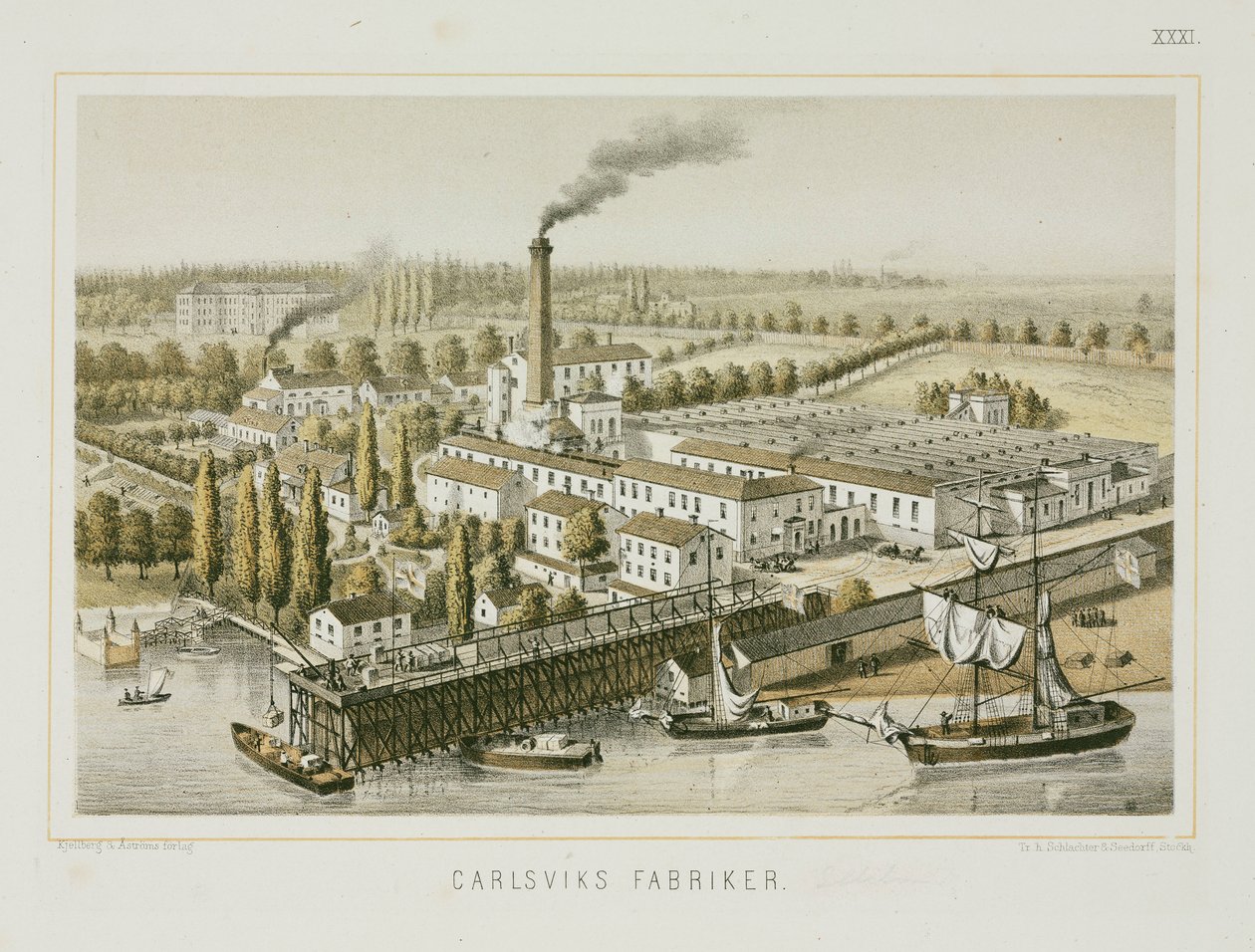 Textilní továrna, Carlsviks, Stockholm, Švédsko, kolem roku 1840 (barevné lito) od Swedish School