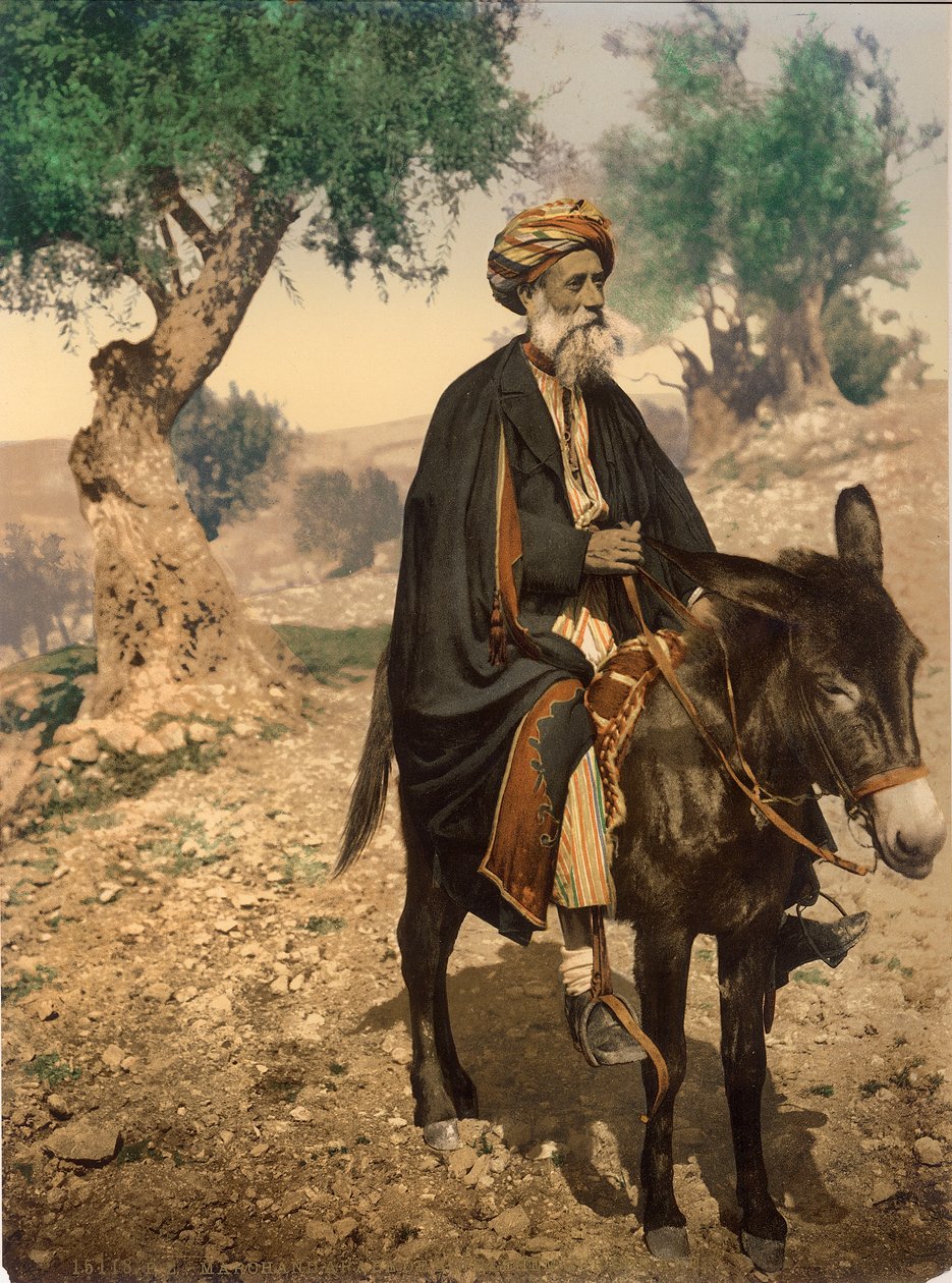 Arabský muž z Betléma na oslu, asi 1880-1900 (fotochrom) od Swiss Photographer