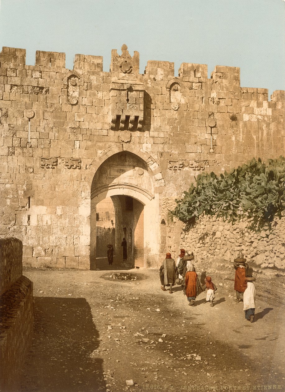 St. Stephens Gate, také nazývaná Lions Gate, Jeruzalém, kolem 1880-1900 (fotochrom) od Swiss Photographer