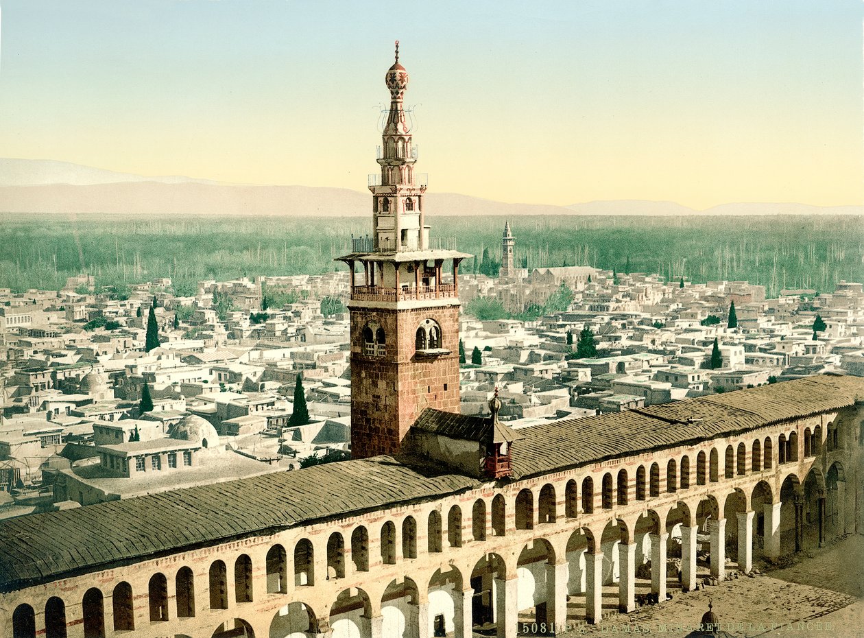 Takzvaný Minaret de la Fiancee Velké umajjovské mešity v Damašku, kolem 1880-1900 (fotochrom) od Swiss Photographer