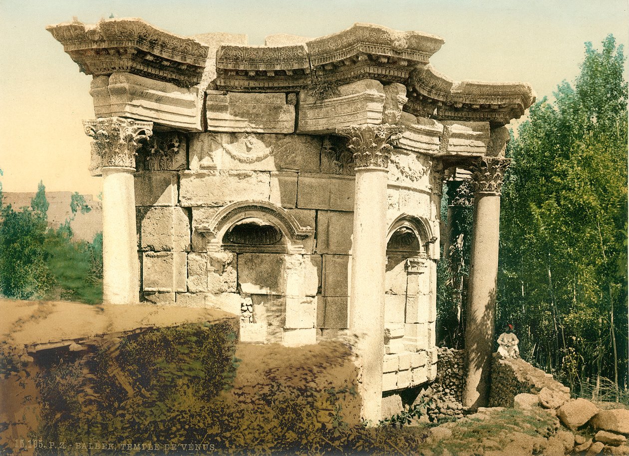 Unikátní kruhový chrám v Baalbeku, známý jako Venušin chrám, cca 1880-1900 (fotochrom) od Swiss Photographer