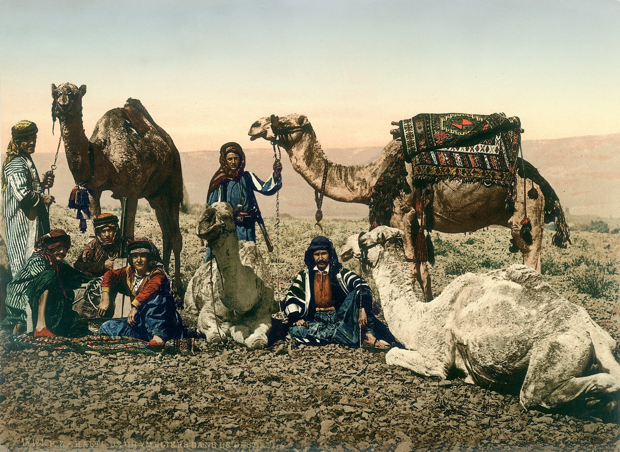 Západní cestovatelé oblečení jako beduíni a jejich průvodci s velbloudy v údolí Jordánu, kolem 1880-1900 (fotochrom) od Swiss Photographer
