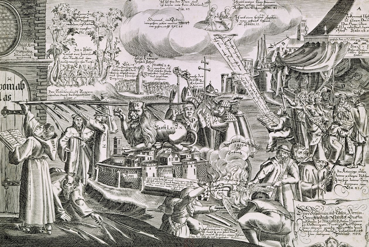 Martin Luther (1483-1546) píšící na dveře kostela ve Wittenbergu v roce 1517 od Swiss School
