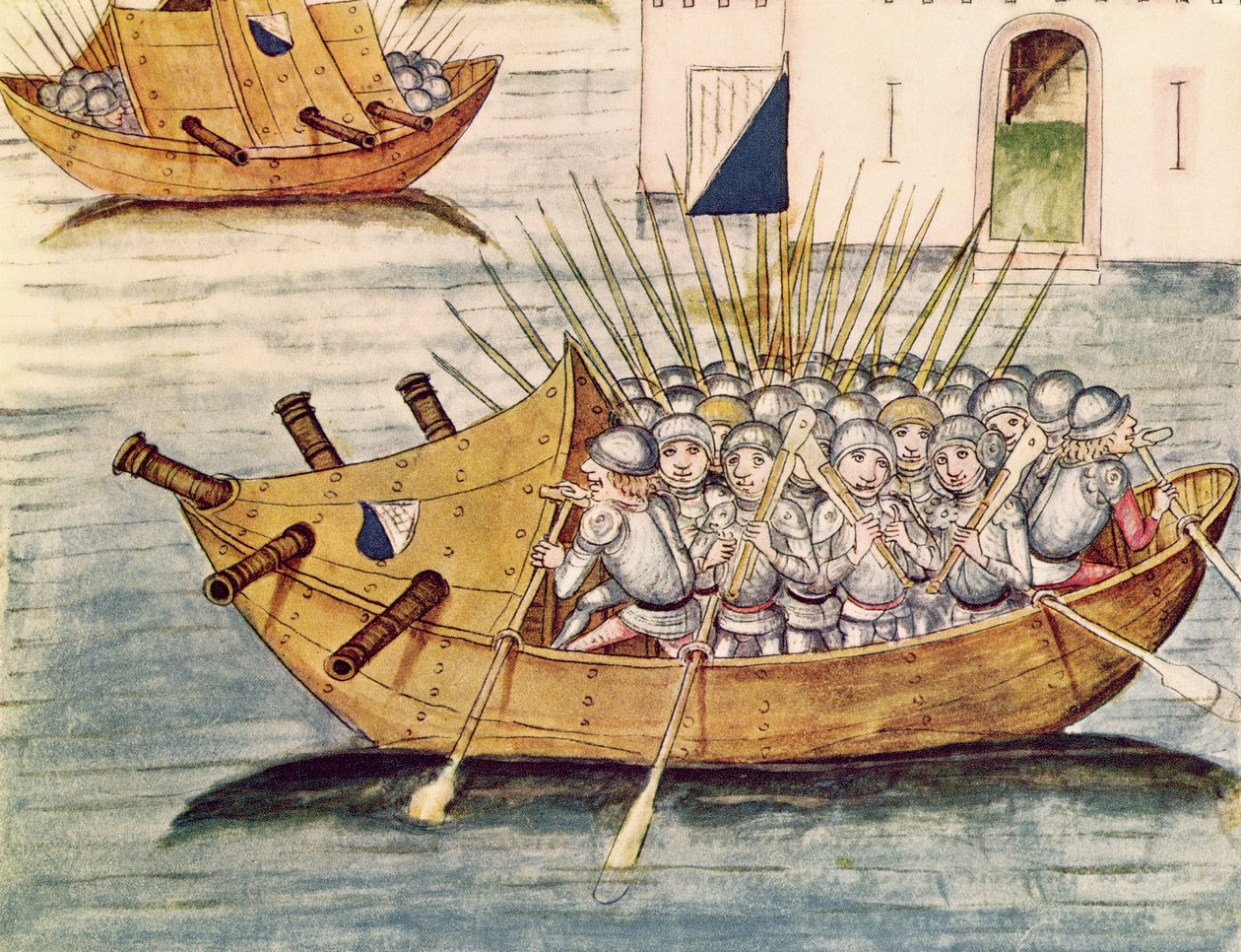 Vojáci vyzbrojení puškami v plavidle s děly, z Berner Chronik, od Diebolda Schillinga staršího (asi 1445-85) 1483 od Swiss School