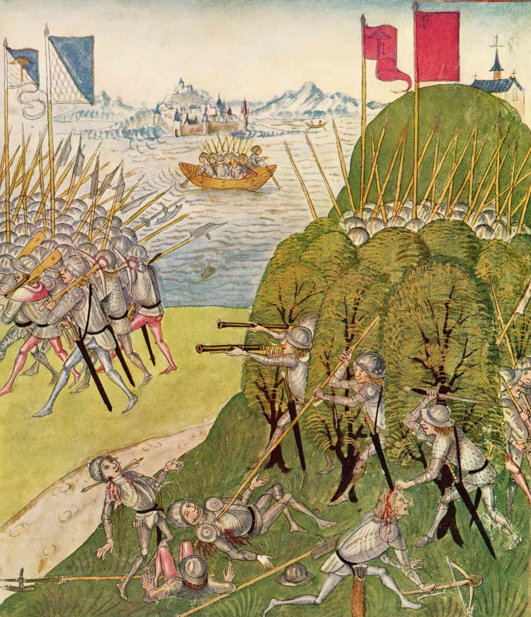 Vojáci vyzbrojení puškami, kopími a kušemi, z Berner Chronik, Diebold Schilling starší (asi 1445-85) 1483 od Swiss School