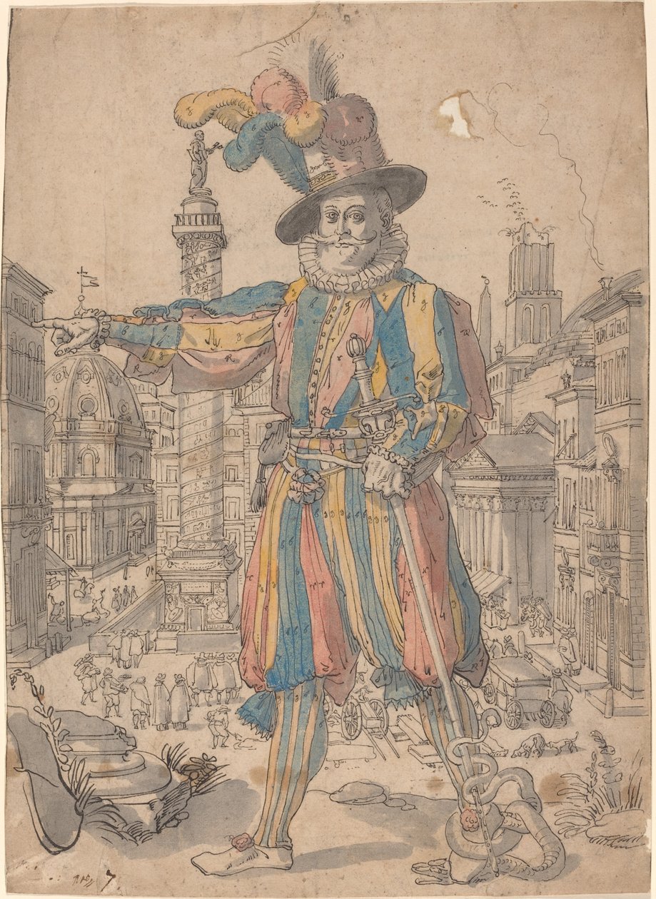 Giovanni Grosso ze švýcarské gardy stojící před výhledem na Řím od Swiss 17th Century after Francesco Villamena