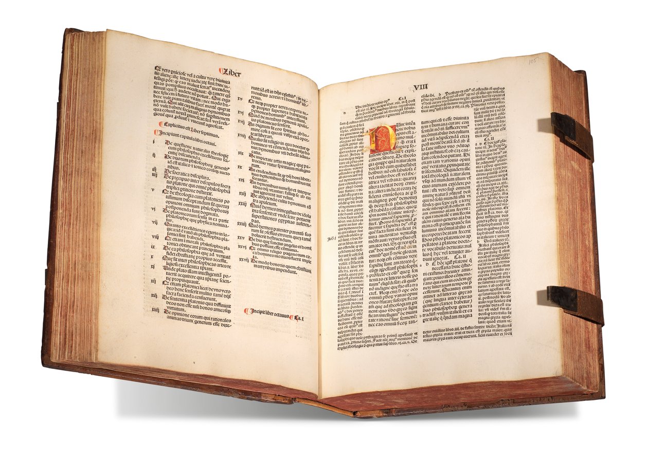 De civitate Dei, s komentářem Thomase Waleyse († před 1349) a Nicolause Triveta (1258?-1328), od Augustina z Hippo, vytištěno 1489 (vellum) od Swiss School