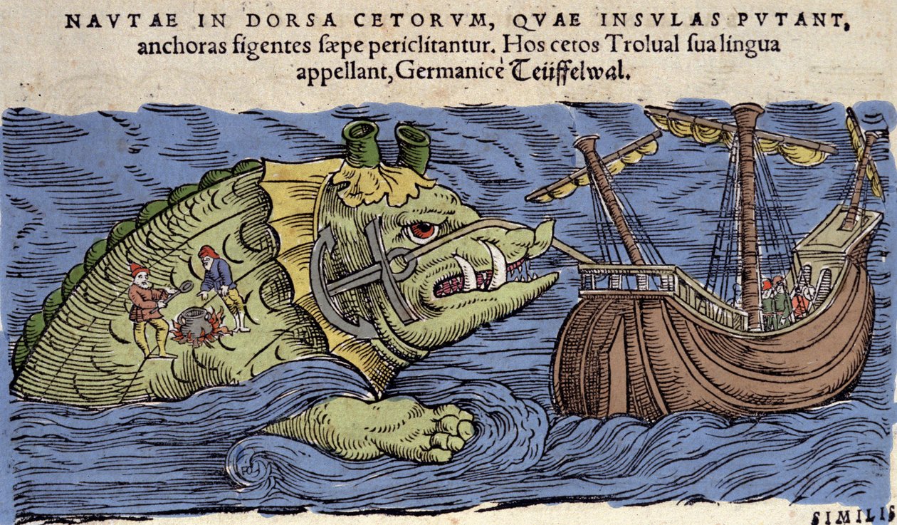 Mořská příšera a loď, ilustrace z 