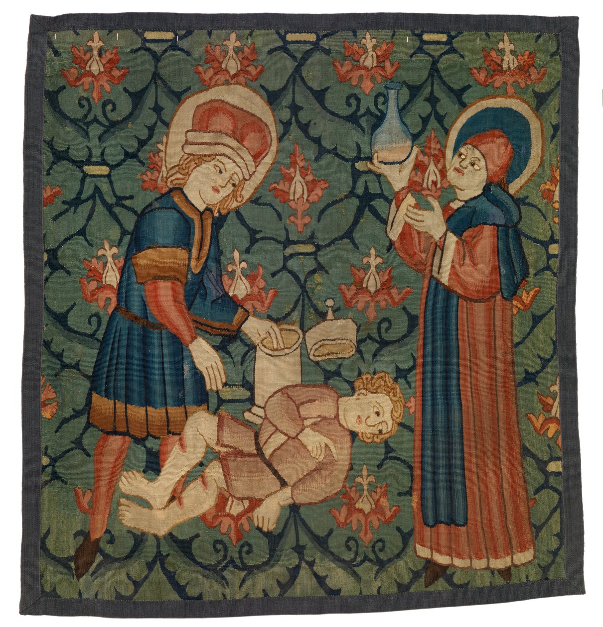 Fragment tapisérie zobrazující sv. Kosmu a sv. Damiána od Swiss School