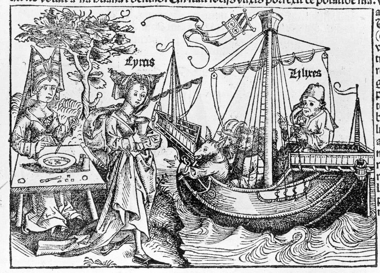 Odysseus a jeho společníci proměnění v prasata kouzelníkem Circem – v „“Cosmographia““ od Sebastiana Munstera, Basilej 1558 od Swiss School