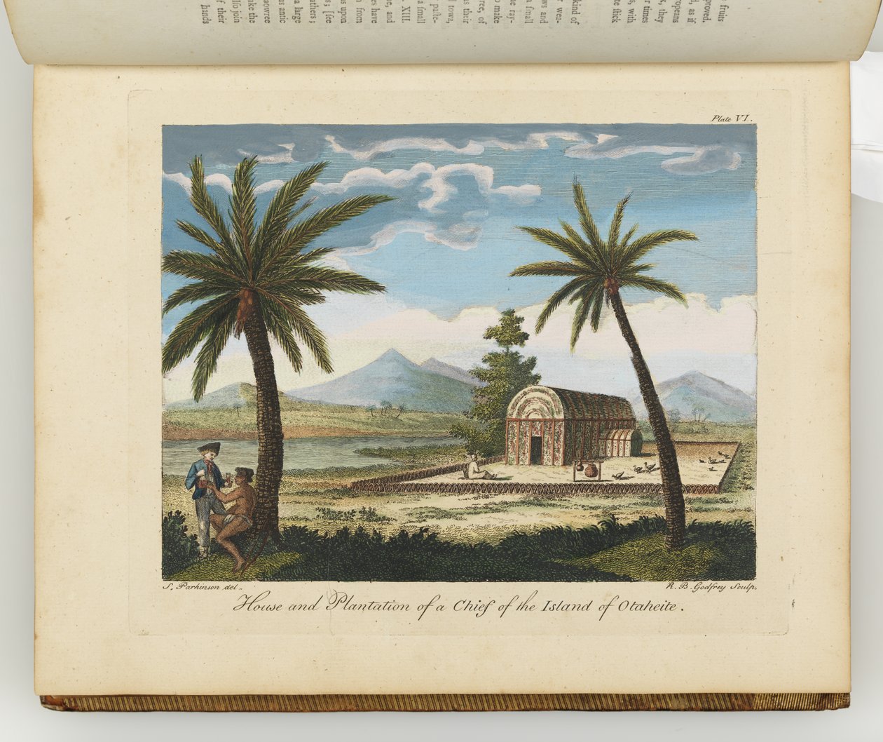 Dům a plantáž náčelníka ostrova Otaheite, ilustrace z „Žurnálu o plavbě do jižních moří: na lodi Jeho Veličenstva, Endeavour“, 1794 od Sydney Parkinson