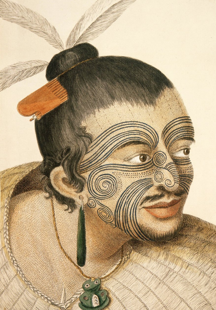 Portrét maorského náčelníka s úplným obličejem Moko, 1769 od Sydney Parkinson