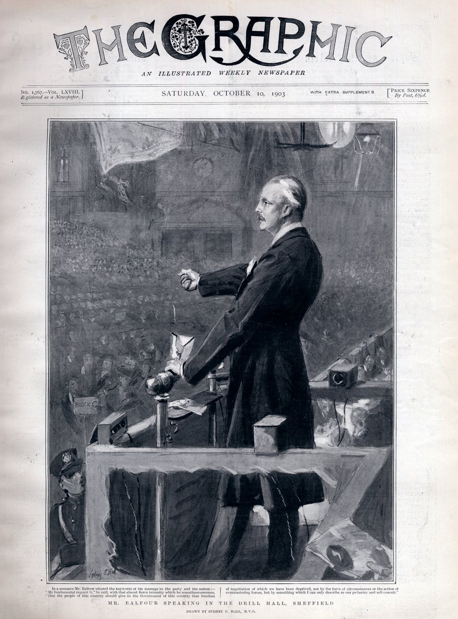 Arthur James Balfour (1848-1930) britský politik a státník vystupující v cvičné hale v Sheffieldu. od Sydney Prior Hall