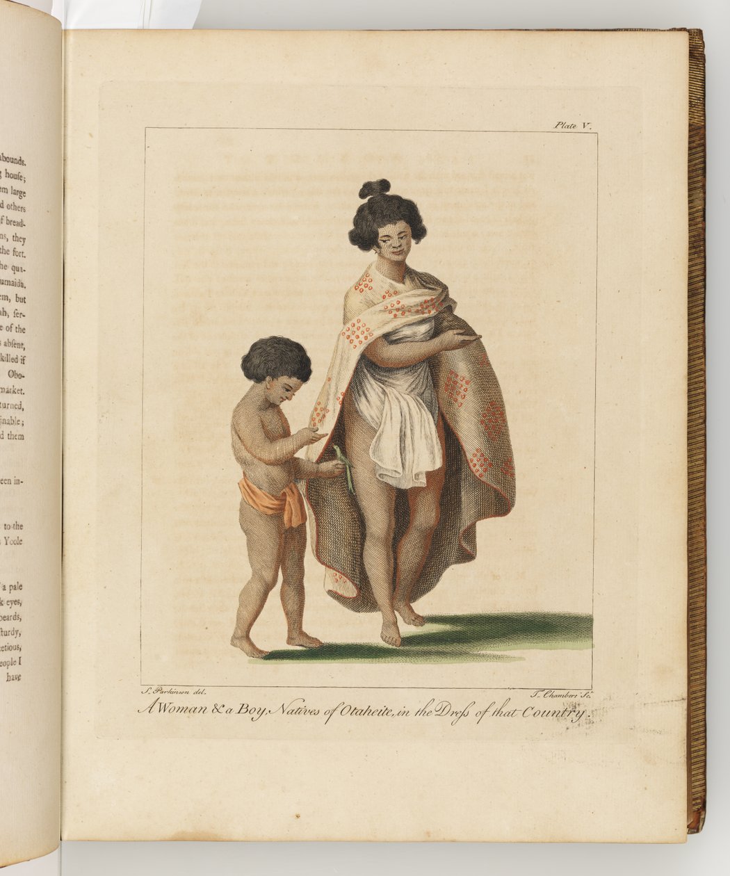 Žena a chlapec, rodáci z Otaheite, ilustrace z Deník z plavby do jižních moří: na lodi Jeho Veličenstva, Endeavour, 1794 (ručně kolorovaná rytina) od Sydney