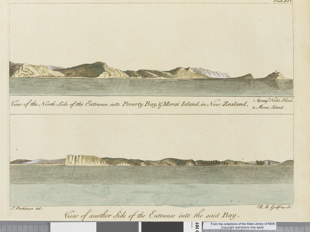 Ilustrace z deníku plavby do jižních moří: na lodi Jeho Veličenstva, Endeavour, 1794 (ručně kolorovaná rytina) od Sydney