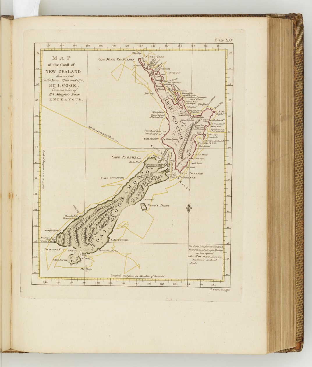 Mapa pobřeží Nového Zélandu, ilustrace z Deník z plavby do jižních moří: na lodi Jeho Veličenstva, Endeavour, 1794 (ručně kolorovaná rytina) od Sydney