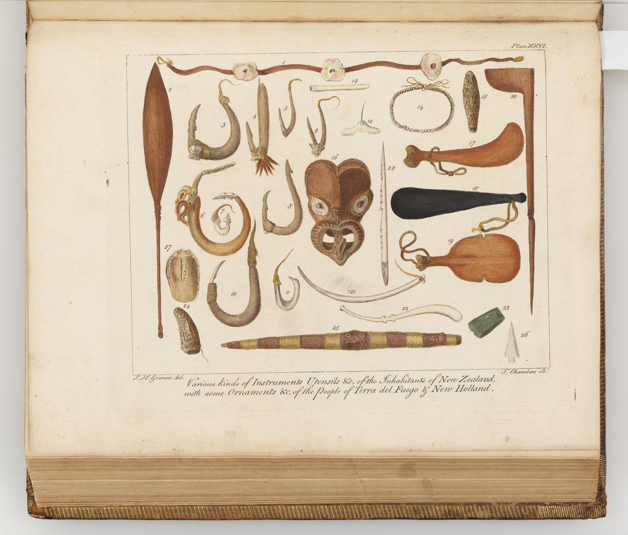 Různé druhy nástrojů, náčiní atd. obyvatel Nového Zélandu, ilustrace z Deník z plavby do jižních moří: na lodi Jeho Veličenstva, Endeavour, 1794 (ručně kolorovaná rytina od Sydney