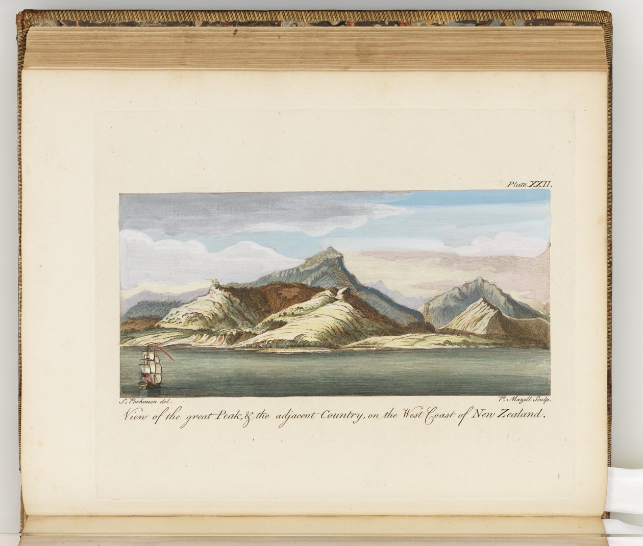 Pohled na Velký vrchol, ilustrace z Deník z plavby do jižních moří: na lodi Jeho Veličenstva, Endeavour, 1794 (ručně kolorovaná rytina) od Sydney