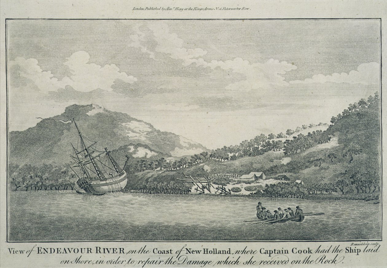 Kapitán Cook, který ztroskotal na své cestě kolem světa, nechal opravit Endeavour v přístavu na jednom z Hope Islands, kolem roku 1786 (rytina) od Sydney (after) Parkinson