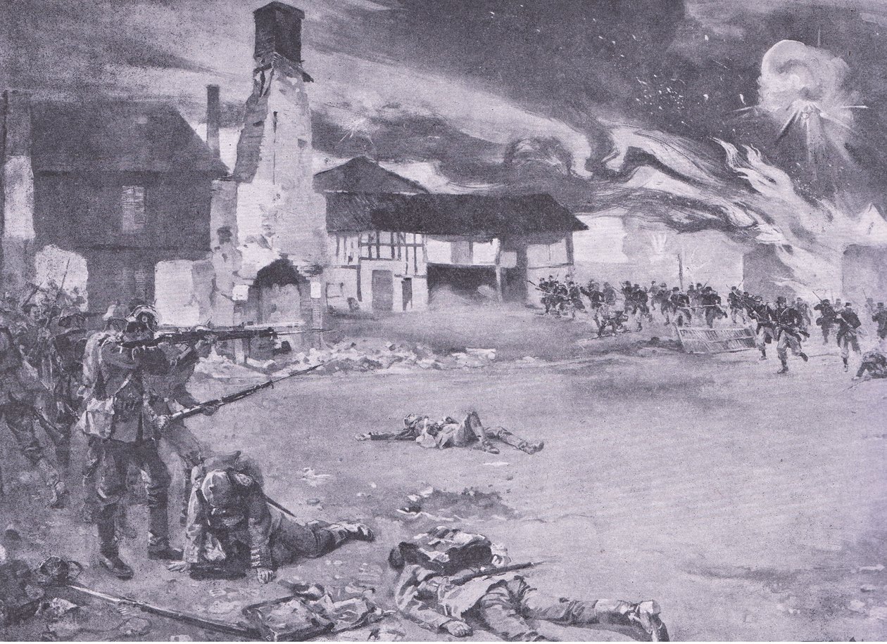 Pouliční boje na francouzsko-německé hranici: Francouzský útok na pruskou gardu, z History of the Great War Vol 3 vydané nakladatelstvím Waverley Book Co Limited, kolem roku 1920 od Sydney Adamson