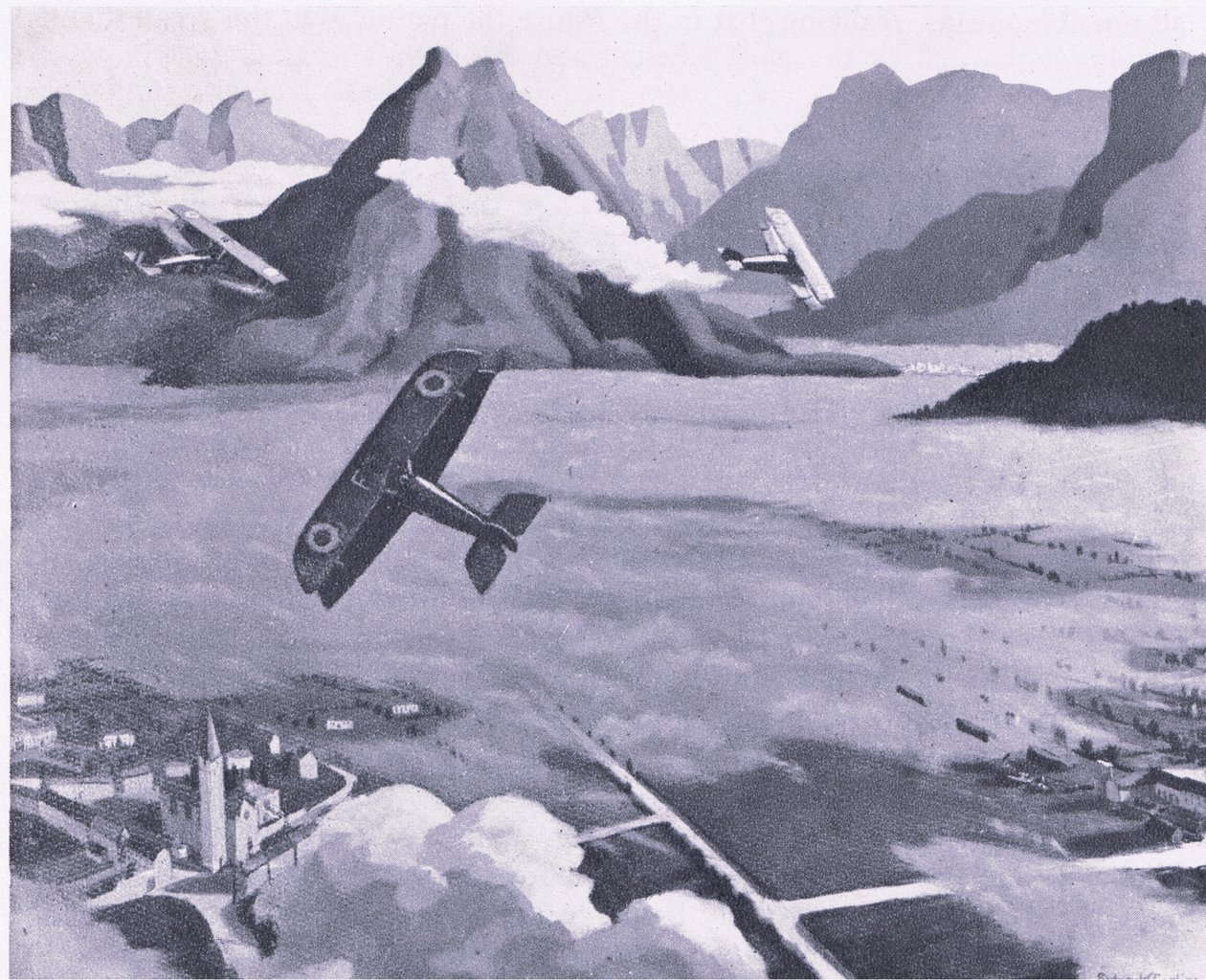 Britští skauti opouštějící své letiště na hlídce nad Asiago Plateau v Itálii z British Adventure vydané Collinsem, 1947 od Sydney Carline