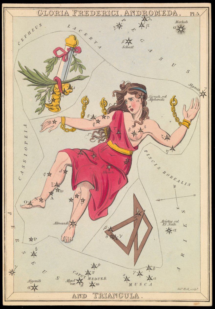 Gloria Frederich, Andromeda a Triangula, asi 1825 (karta, papír, hedvábí ) od Sydney Hall