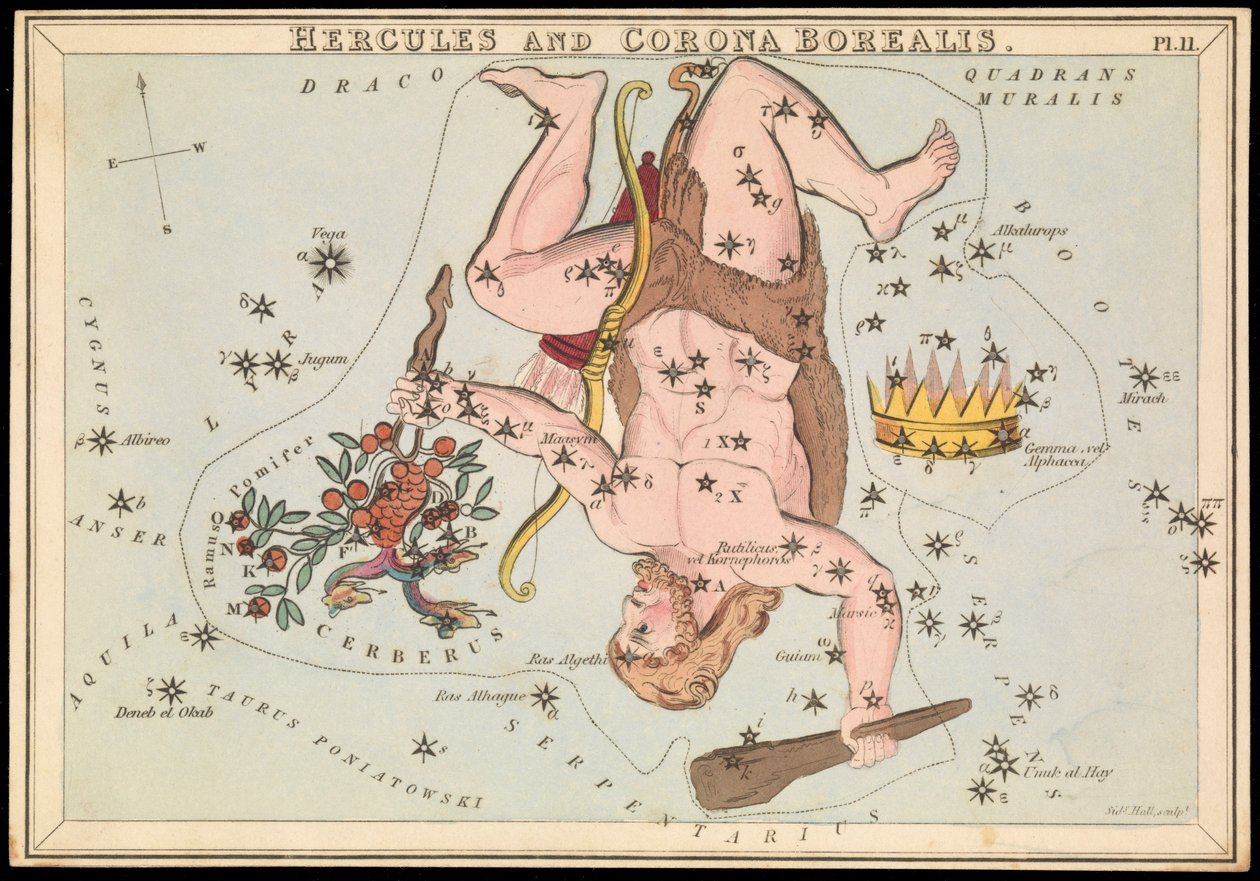 Herkules a Corona Borealis, asi 1825 (karta, papír, hedvábí ) od Sydney Hall