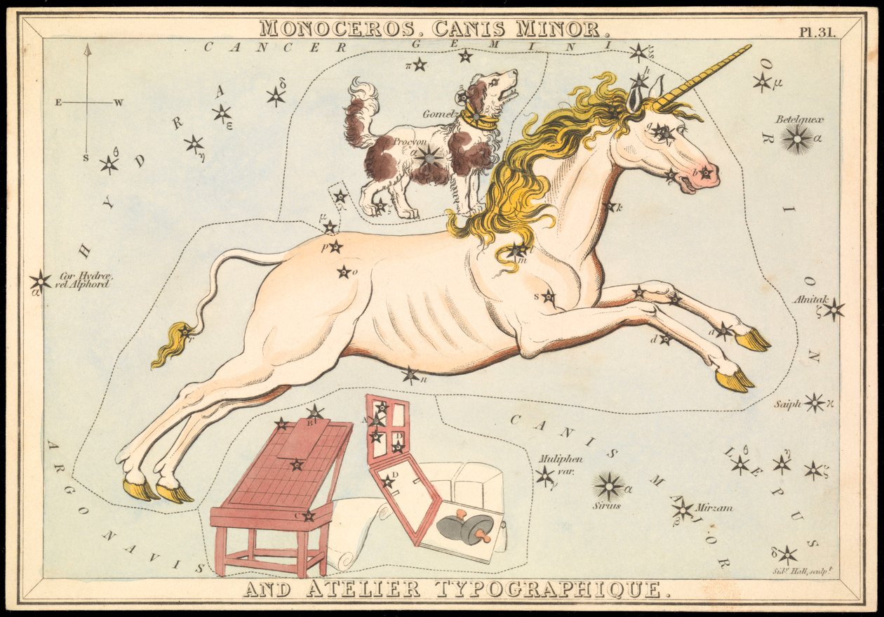 Monoceros, Canis Minor a Atelier Typographique, cca 1825 (karta, papír, hedvábí ) od Sydney Hall