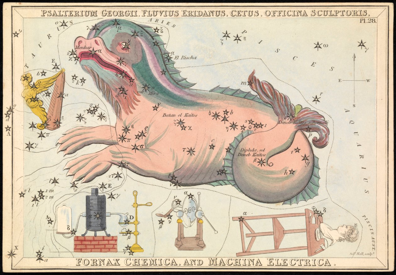 Psalterium Georgii, Fluvius Eridanus, Cetus, Officina Sculptories, Fornax Chemica a Machina Electrica, cca 1825 (karta, papír, tkanivo ) od Sydney Hall